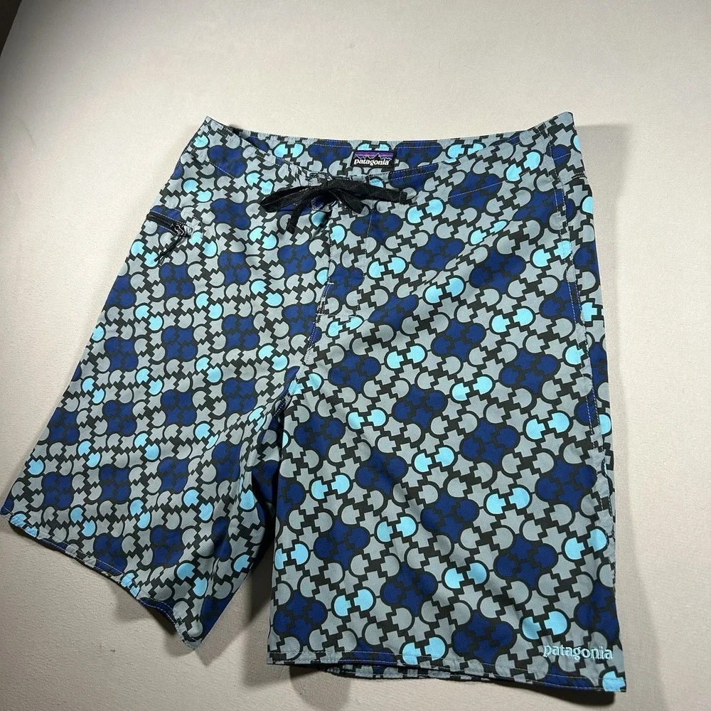 Patagonia Men's 34 Stretch Planing Board Shorts Blue Gray Geometric Zip